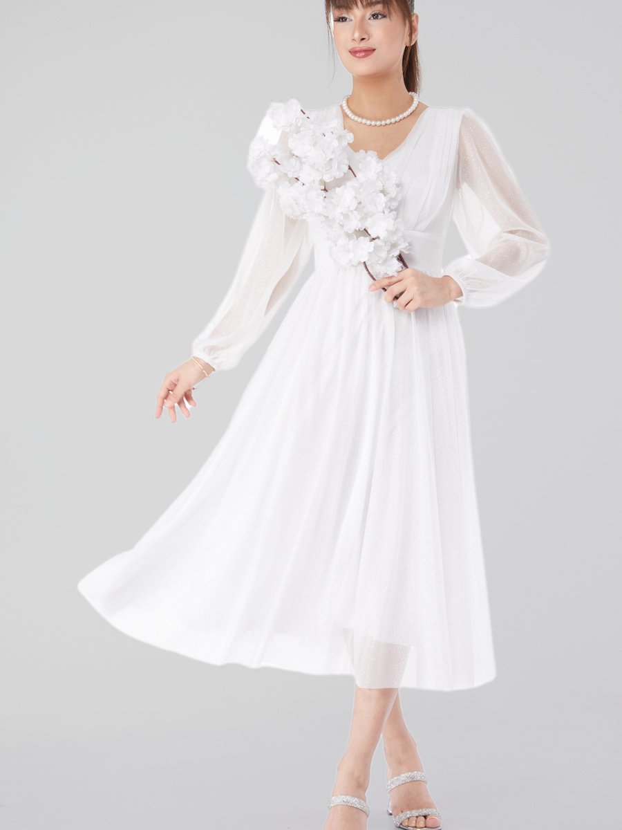 Tofisa Düz Orta Beyaz V Yaka Büzgülü Elbise