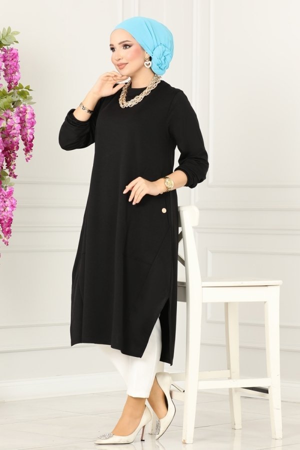 Moda Selvim Siyah Cep Detaylı Basic Tunik