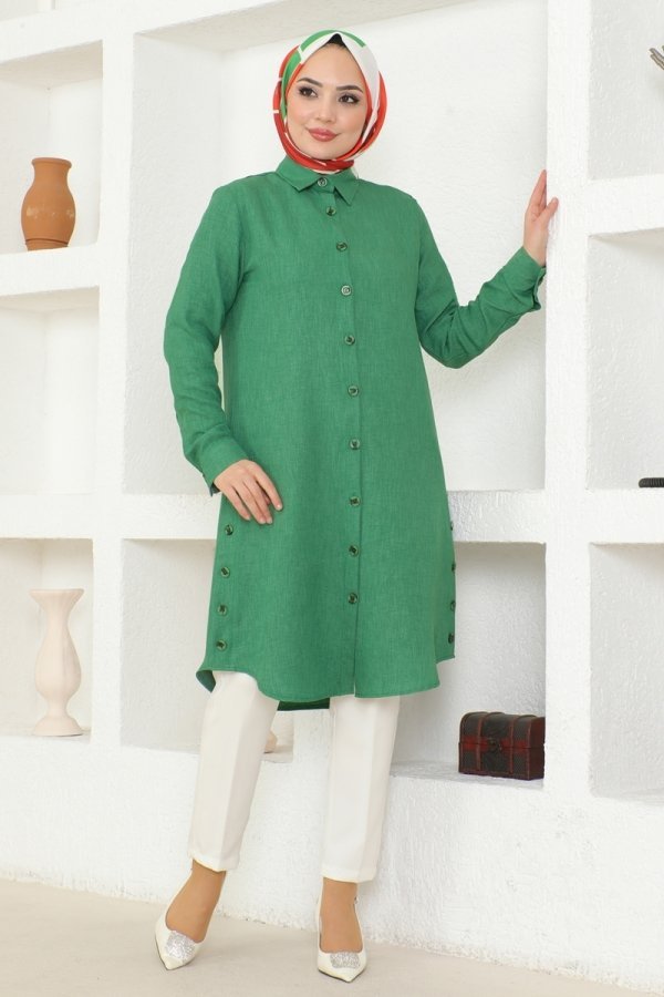 Moda Selvim Yeşil Düğme Detaylı Keten Tunik