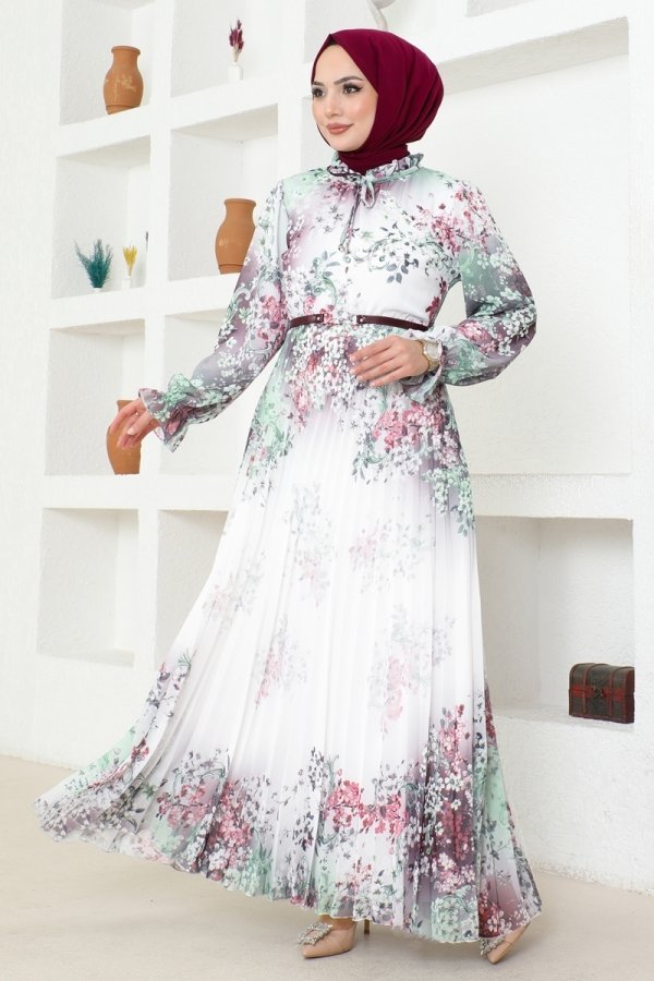 Moda Selvim Mint & Ekru Piliseli Şifon Elbise