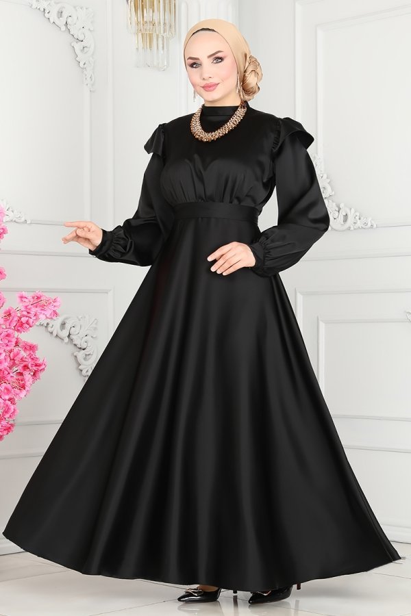 Moda Selvim Siyah Omuzu Fırfırlı Saten Abiye Elbise