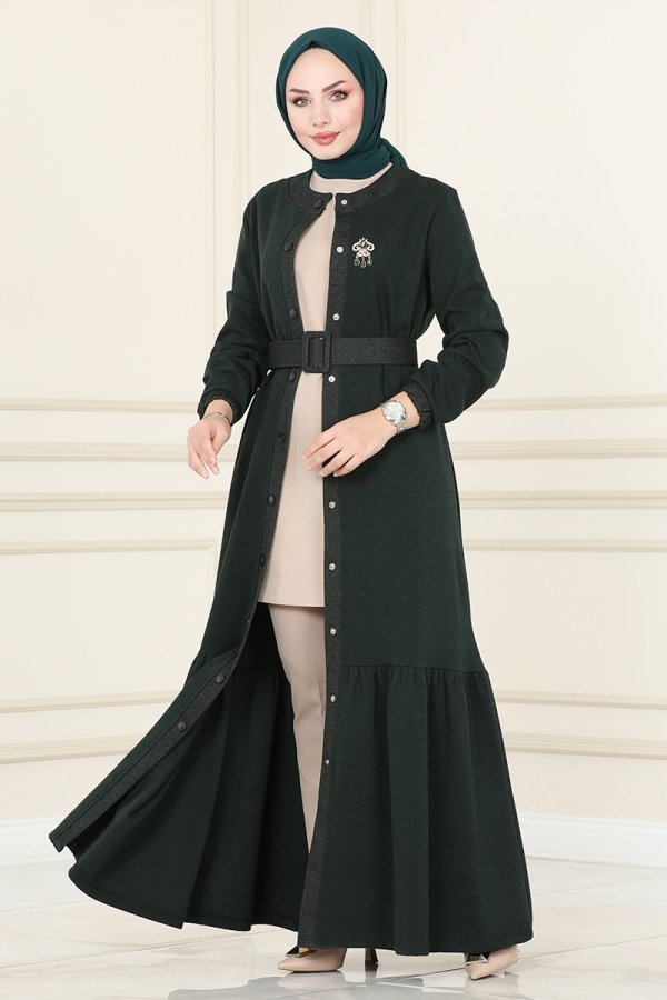 Moda Selvim Zümrüt Eteği Fırfırlı Kışlık Elbise & Ferace