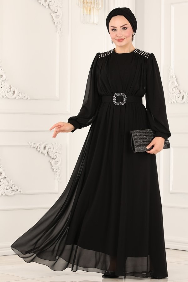 Moda Selvim Siyah Kemer Tokası Taşlı Şifon Elbise