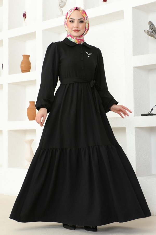 Moda Selvim Siyah Eteği Fırfırlı Tesettür Elbise