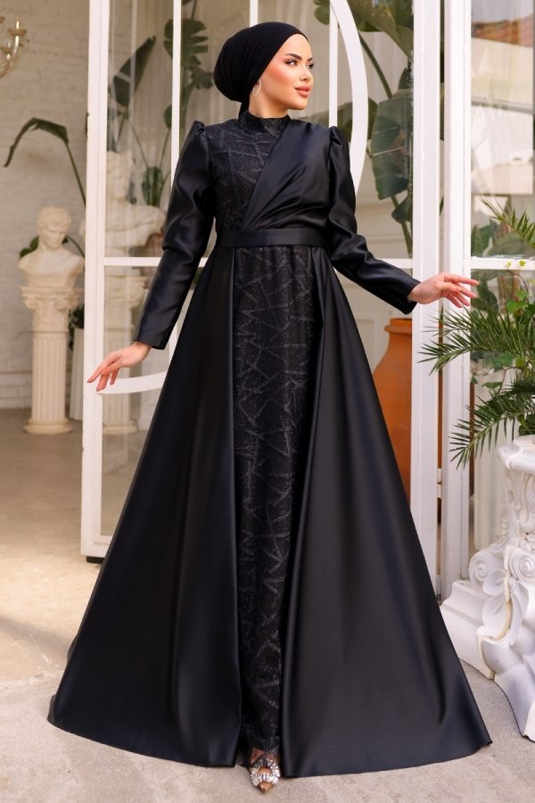 Moda Selvim Siyah Afitap Saten Abiye Elbise