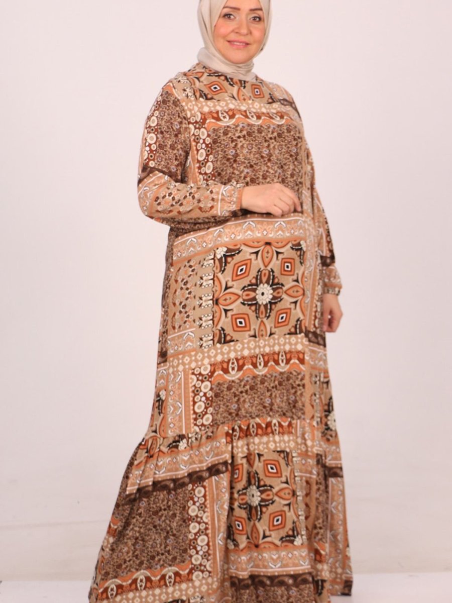 Moda Rosa Etnik Desen Kahve Büyük Beden Eteği Fırfırlı Belmando Elbise