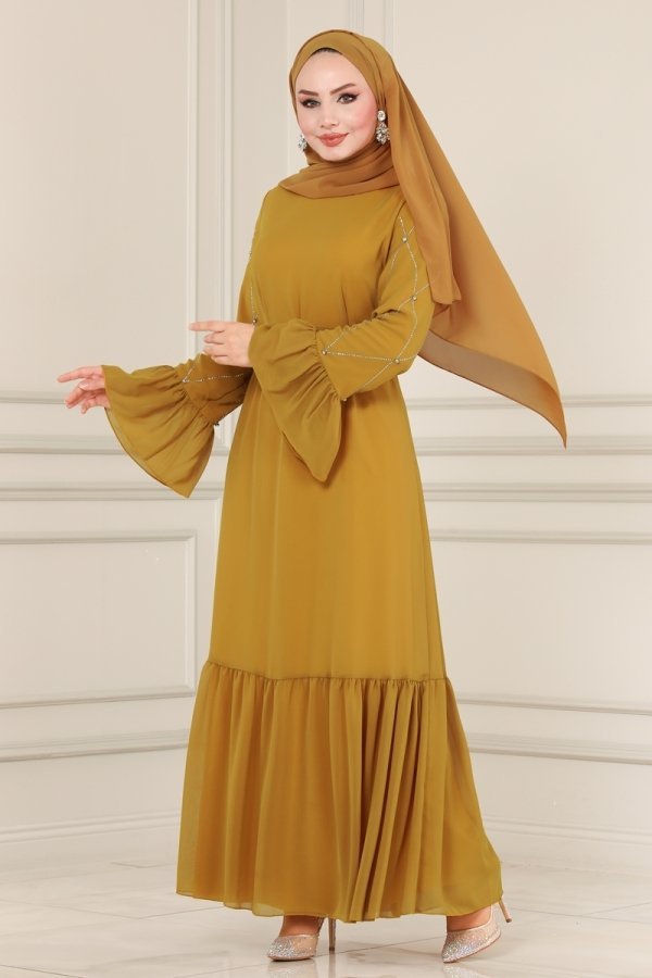 Moda Selvim Hardal Kolları Taş İşlemeli Şifon Elbise