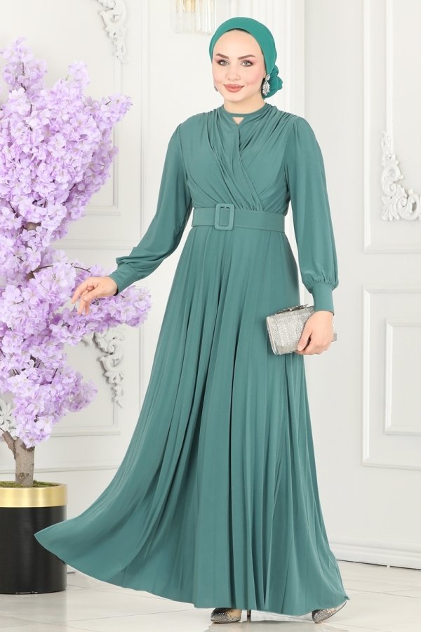 Moda Selvim Mint Kemerli Sandy Elbise