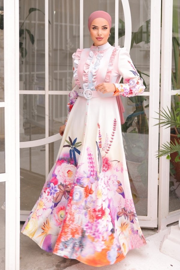 Moda Selvim Pudra Sual Göğsü Fırfırlı Atlas Elbise