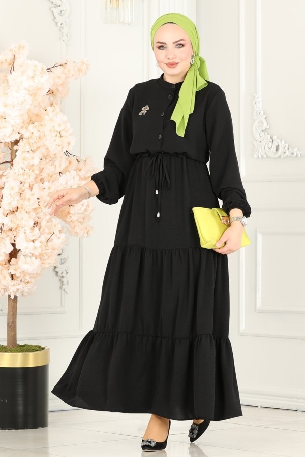 Moda Selvim Siyah Beli Tünelli Aerobin Elbise
