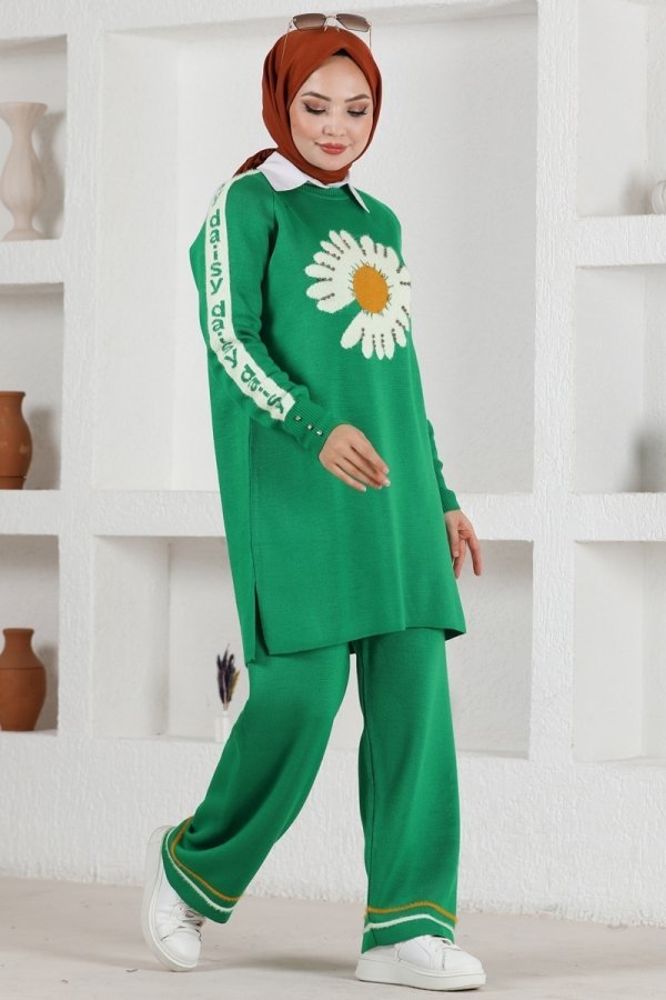 Moda Selvim Benetton Yeşili Papatya Desenli Triko Takım