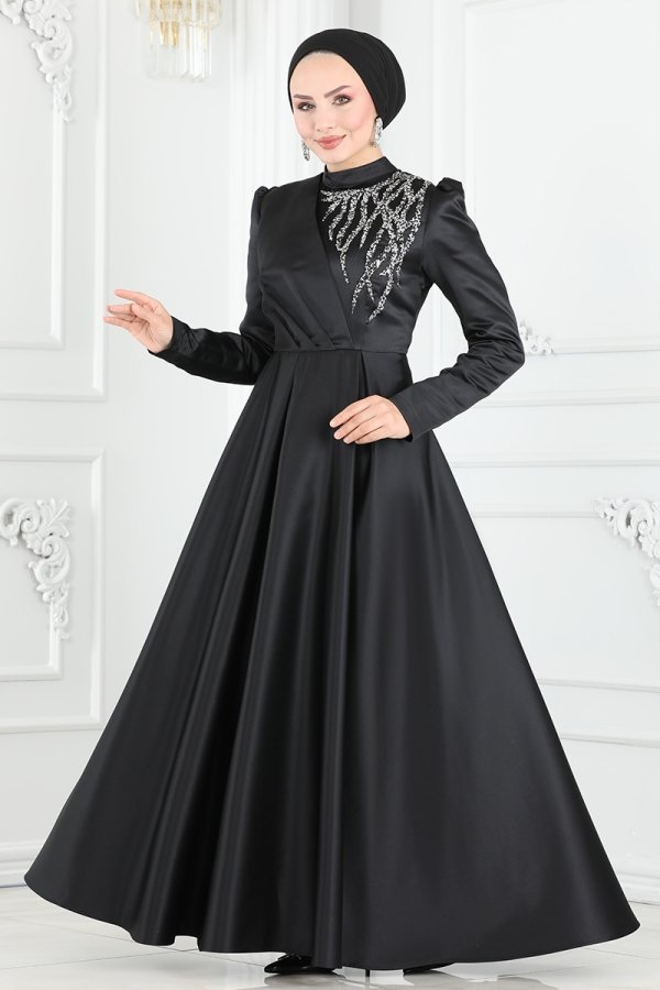 Moda Selvim Siyah Taş İşlemeli Saten Abiye Elbise