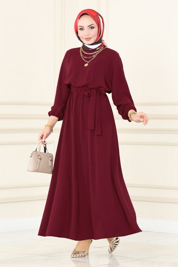 Moda Selvim Bordo Beli Lastikli Aerobin Elbise