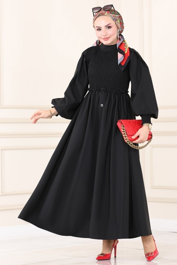 Moda Selvim Siyah Gipe Detaylı Terikoton Elbise