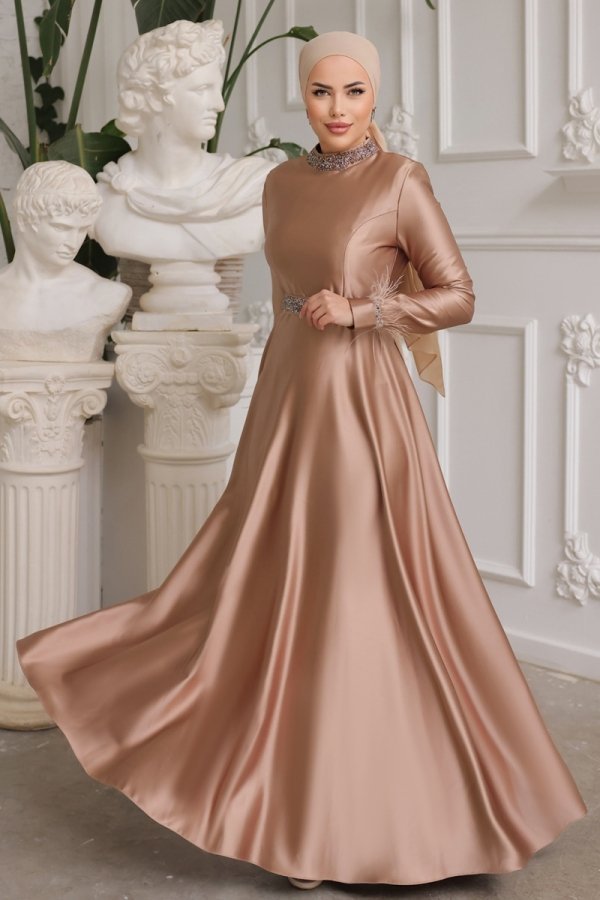 Moda Selvim Koyu Vizyon Otriş Detaylı Saten Abiye Elbise