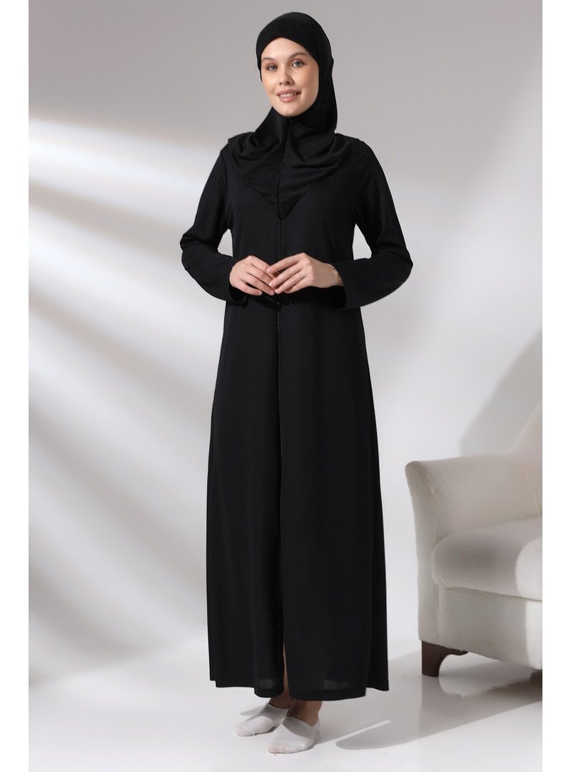İhvan Siyah Fermuarlı Tek Parça Kendinden Örtülü Namaz Elbisesi
