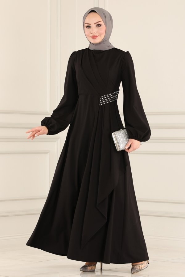 Moda Selvim Siyah Beli Drapeli Elbise