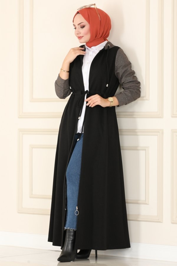 Moda Selvim Siyah & Koyuvizyon Beli Tünelli Kışlık Ferace