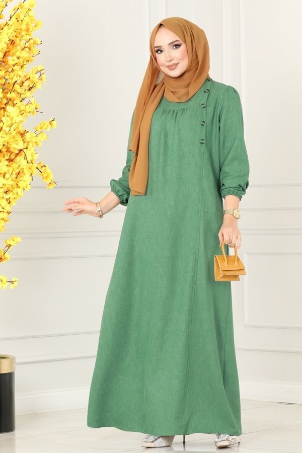 Moda Selvim Yeşil Düğme Detaylı Keten Elbise