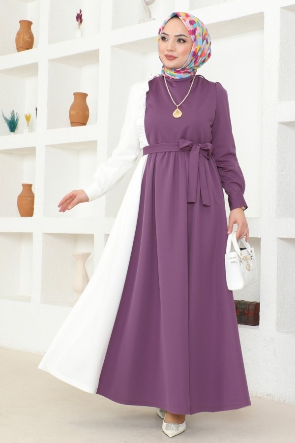 Moda Selvim Koyu Lila&Ekru Fırfır Detaylı Tesettür Elbise