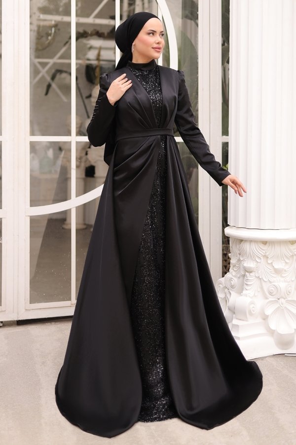 Moda Selvim Siyah Taş Detaylı Saten Abiye Elbise