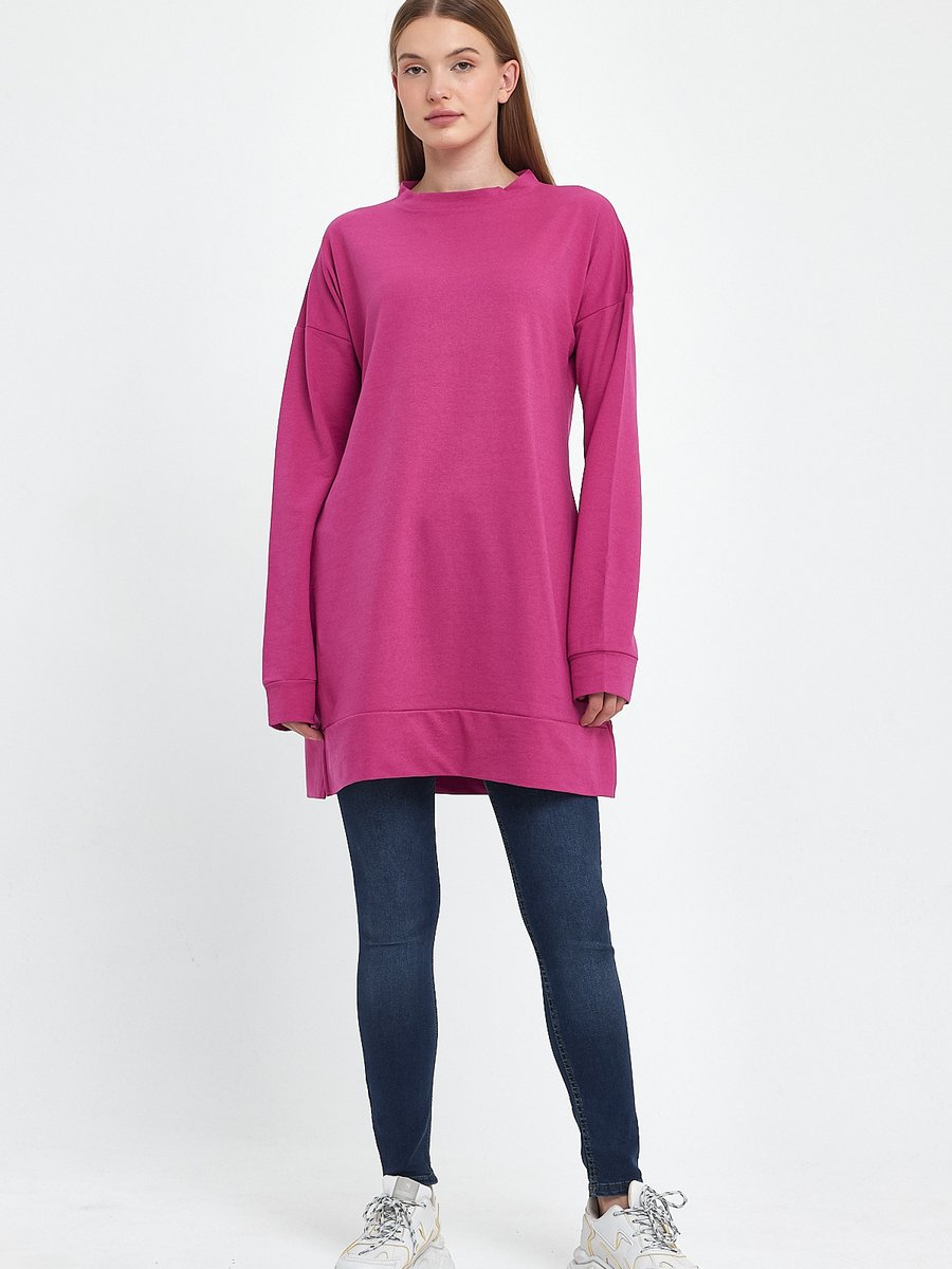 Gippe Collection Fuşya Bisiklet Yaka Yırtmaç Detaylı Basic Örme Sweatshirt