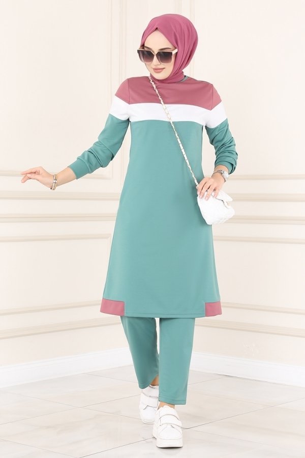 Moda Selvim Gül Kurusu & Mint Renk Şeritli İkili Takım