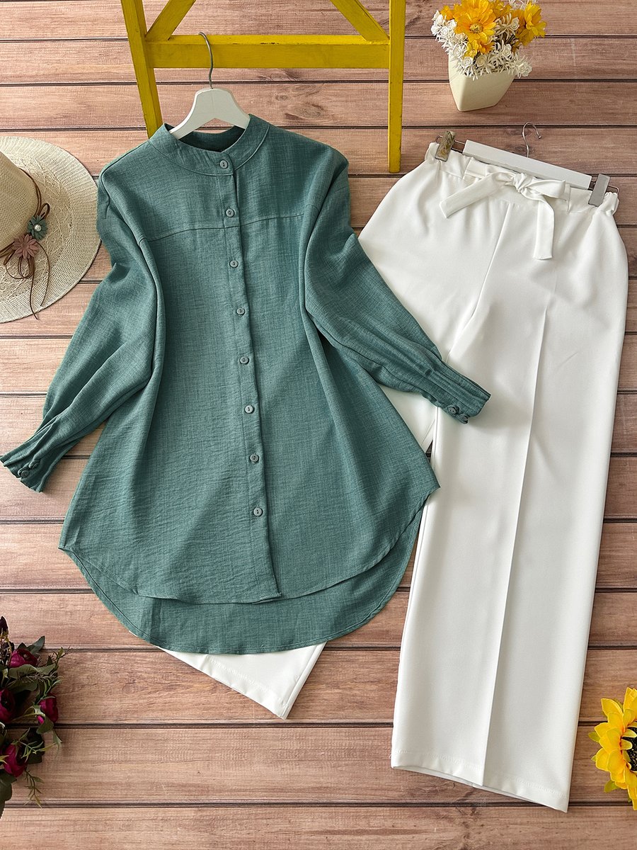 Modaqu Kombin Nervürlü Tunik Ve Pantolon Takım Çağla Yeşili