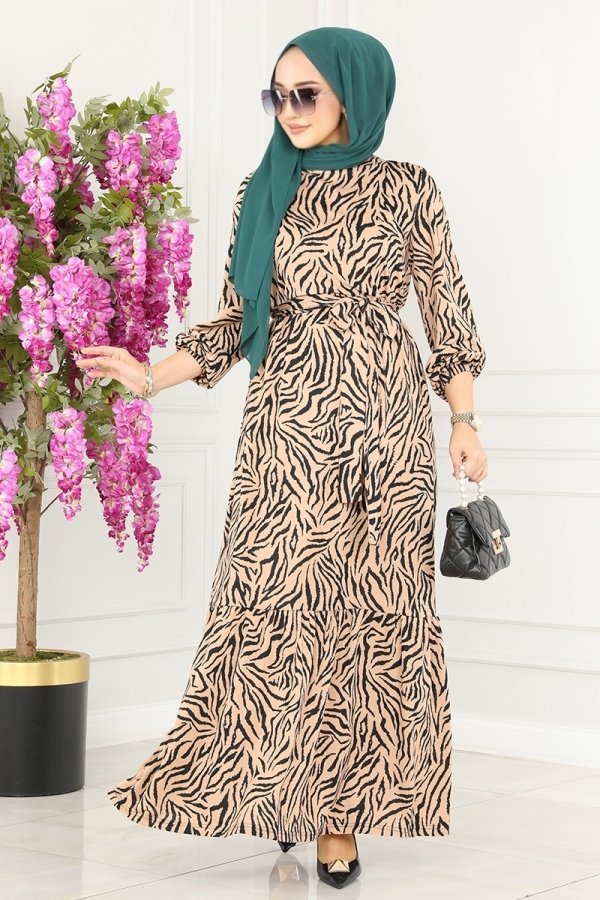 Moda Selvim Zebra Eteği Fırfırlı Helen Elbise