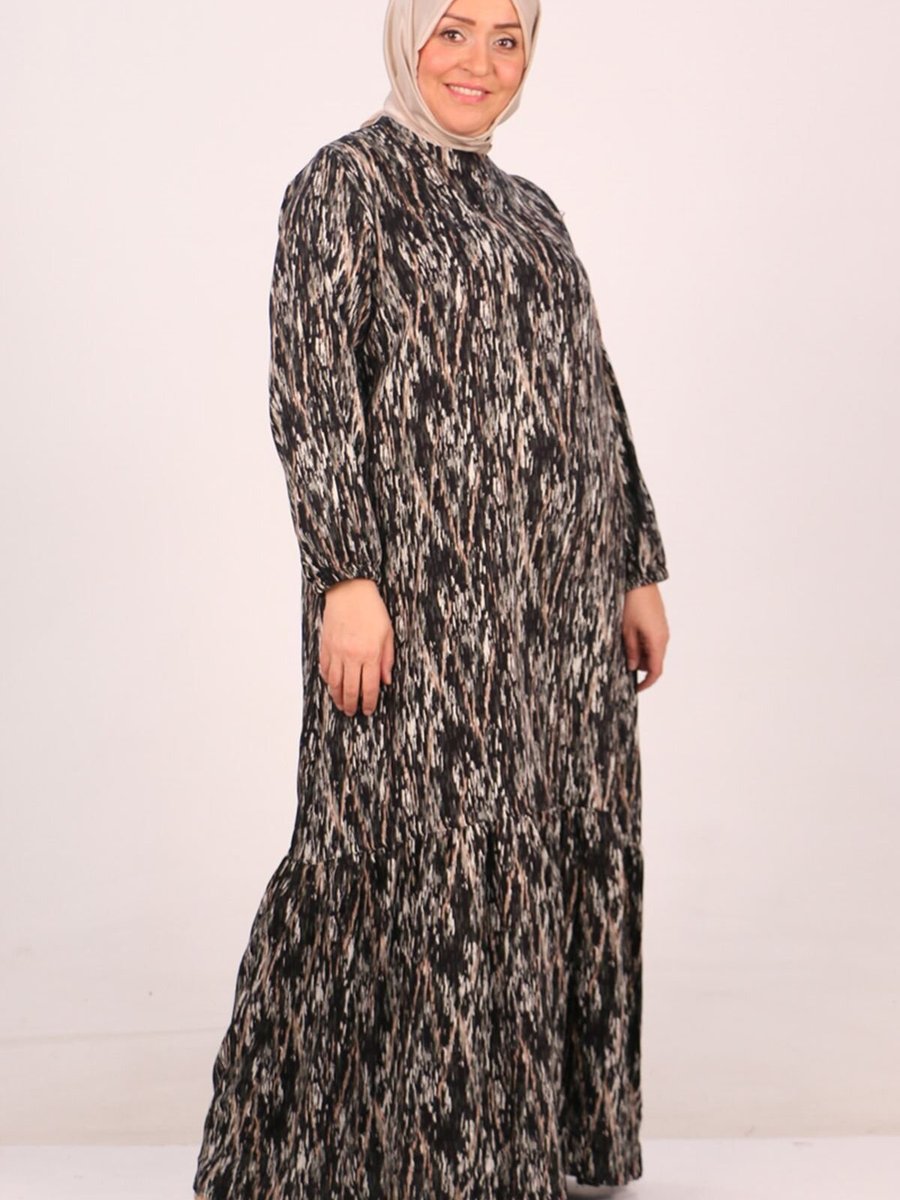 Moda Rosa Karma Desen Haki Büyük Beden Eteği Fırfırlı Belmando Elbise