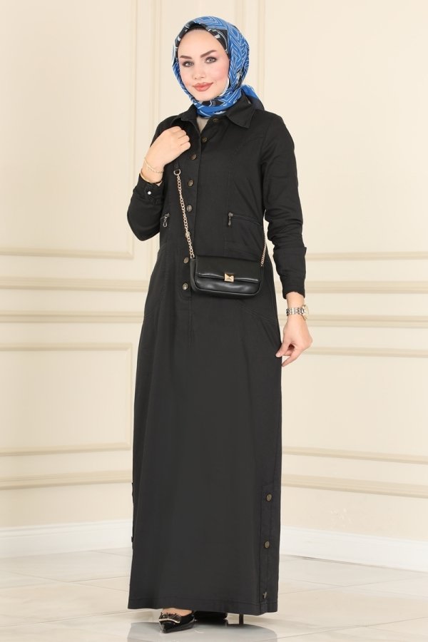 Moda Selvim Siyah Aktif Düğmeli Kot Elbise