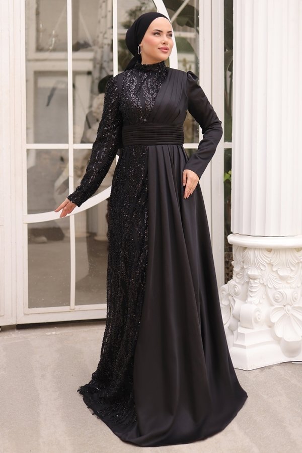 Moda Selvim Siyah Drapeli Saten Abiye Elbise