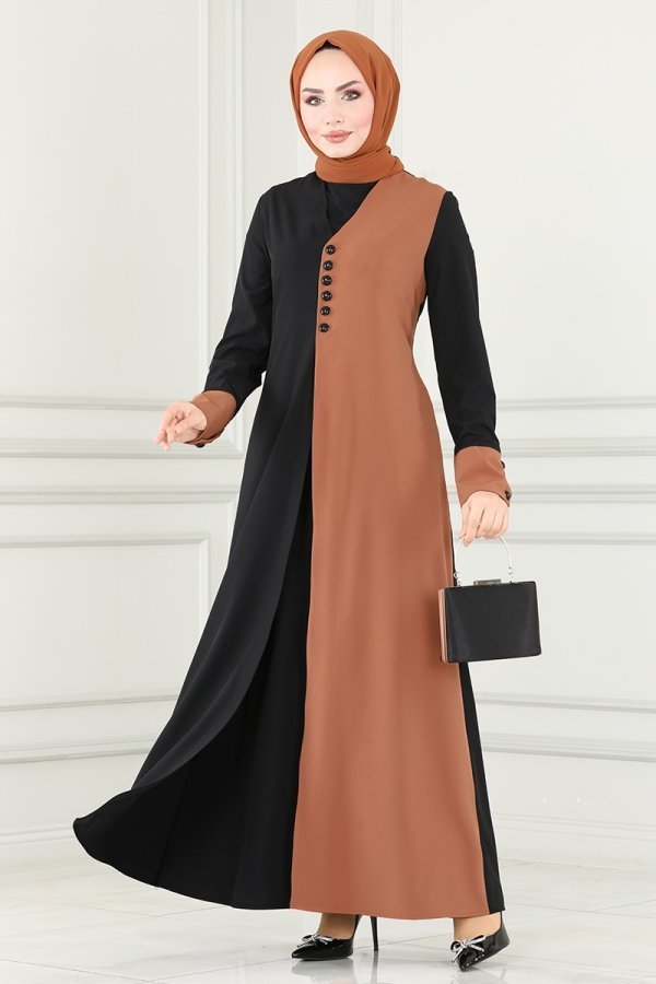 Moda Selvim Taba & Siyah Çift Renkli Krep Elbise