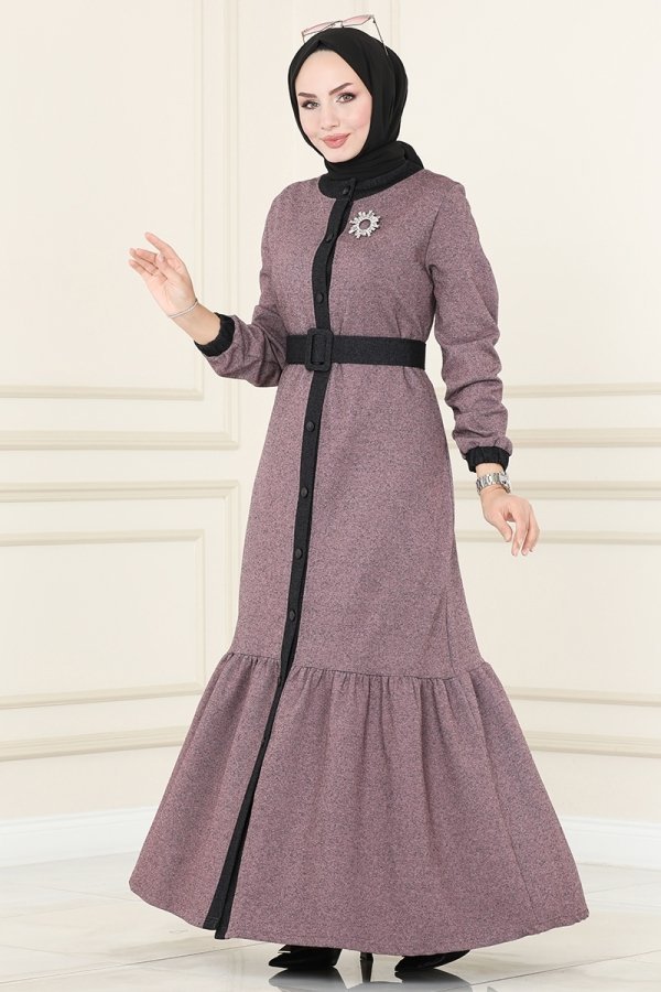 Moda Selvim Açık Gül Kurusu Eteği Fırfırlı Kışlık Elbise & Ferace