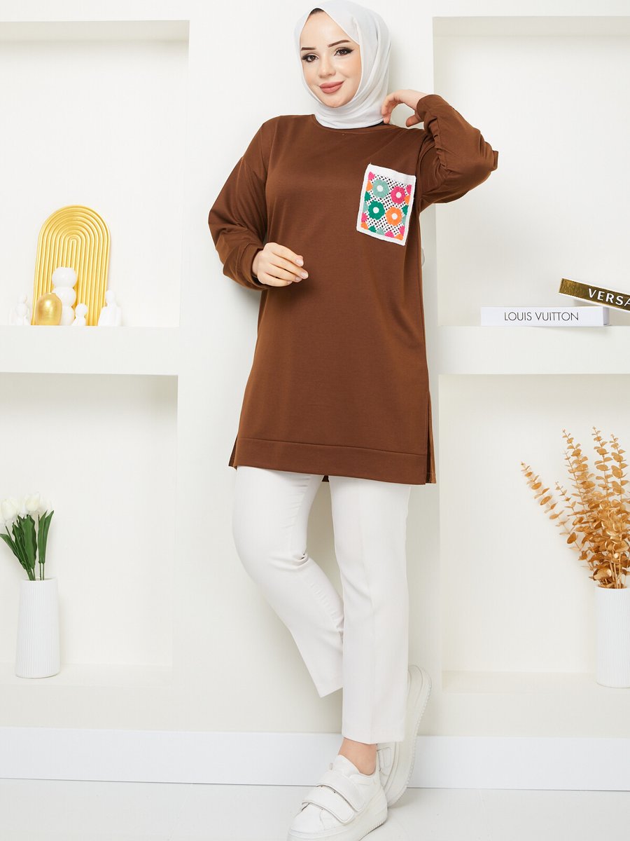 Sinanur Kahverengi Cep Detaylı Sweatshirt