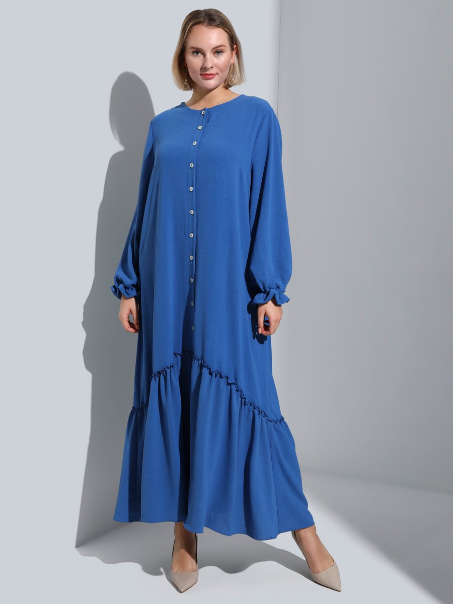 Alia Büyük Beden Boydan Düğmeli Aerobin Elbise İndigo Mavi