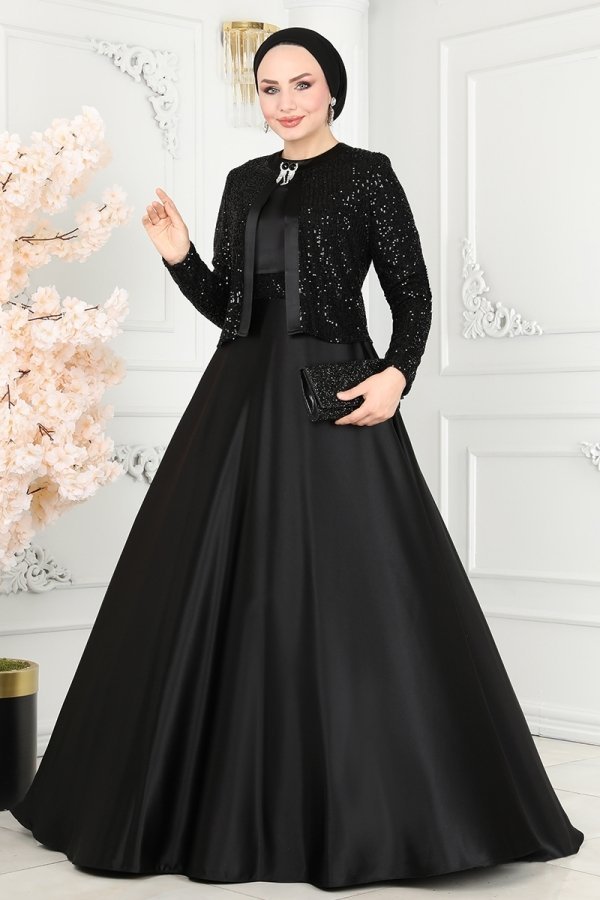Moda Selvim Siyah Ceket Görünümlü Saten Abiye Elbise