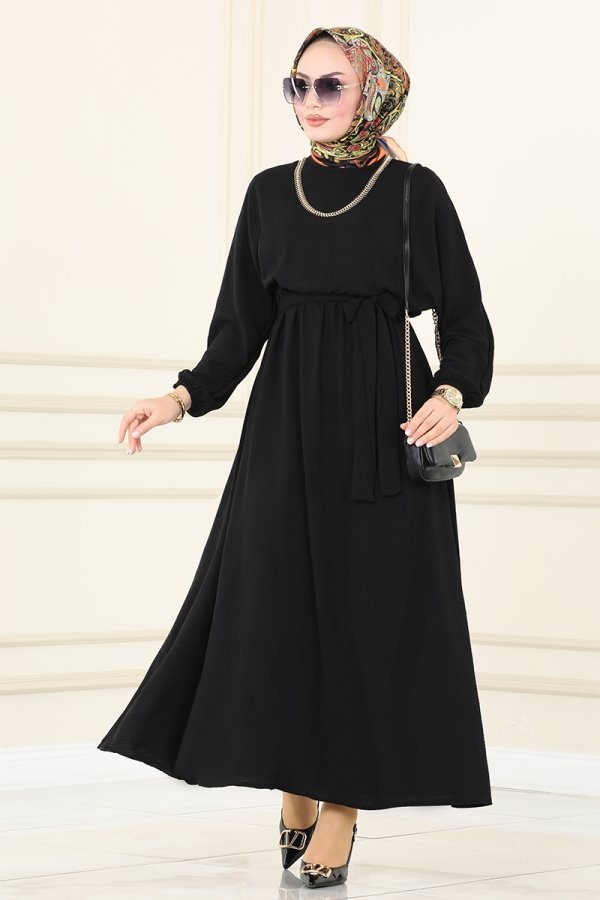 Moda Selvim Siyah Beli Lastikli Aerobin Elbise