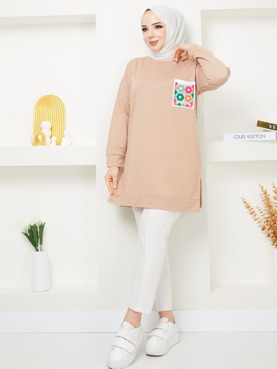 Sinanur Bej Cep Detaylı Sweatshirt