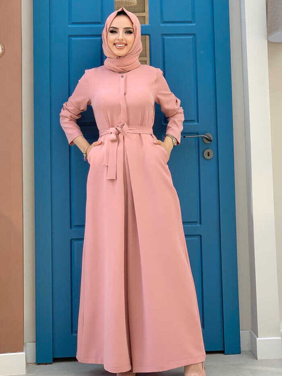 Bym Fashion Göğüs Kısmı Gizli Düğme Detaylı Bel Kuşaklı Tulum Pudra