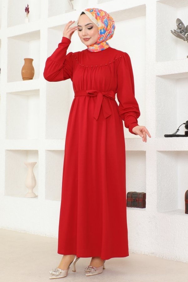 Moda Selvim Kırmızı İnci Detaylı Tesettür Elbise