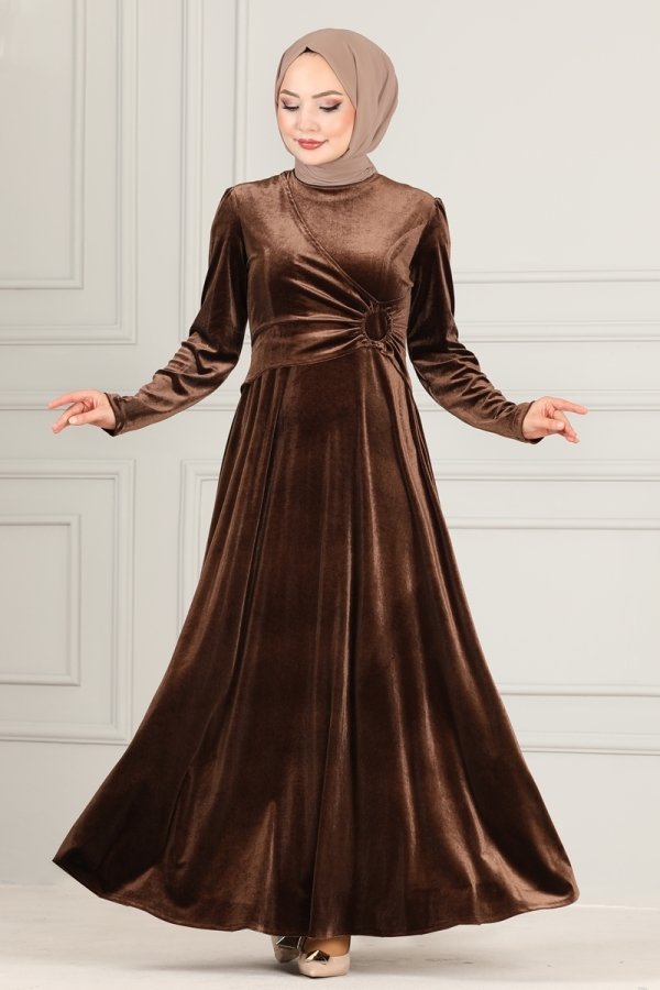 Moda Selvim Kahve Önü Detaylı Kadife Elbise