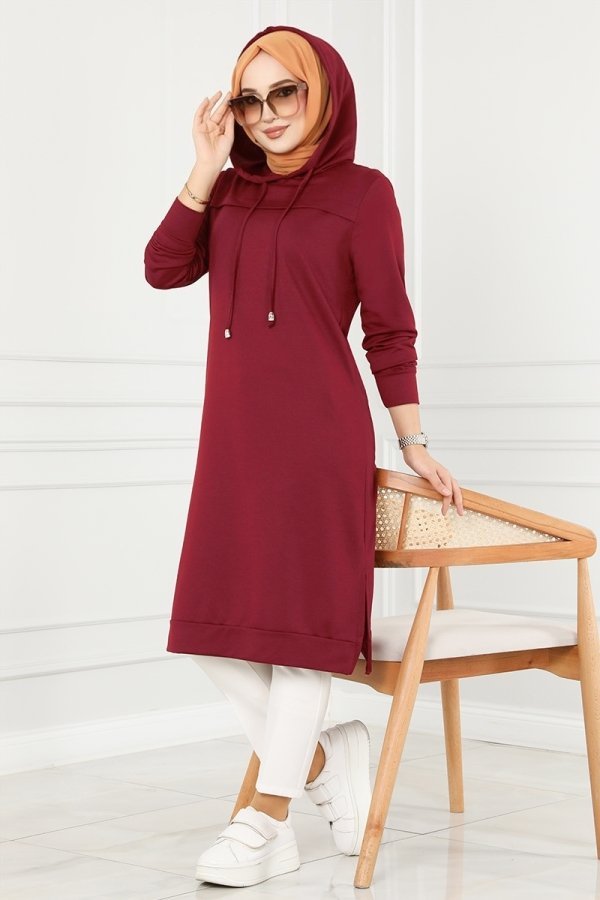 Moda Selvim Bordo Pat Detaylı Spor Tunik