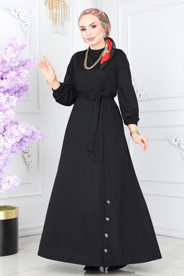 Moda Selvim Siyah Aksesuar Düğmeli Mira Elbise