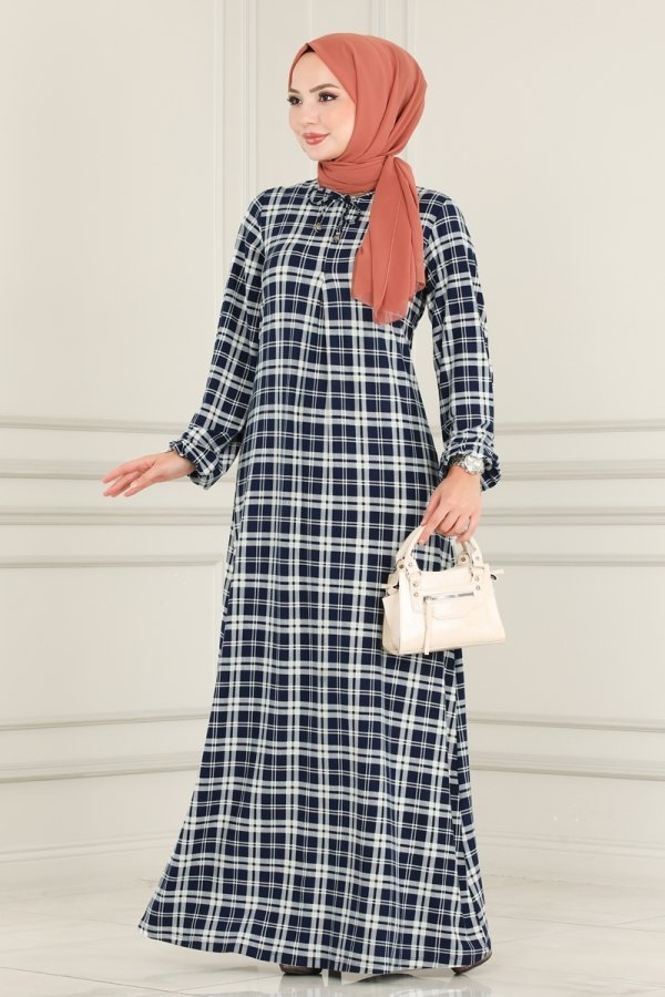 Moda Selvim Lacivert Yakası Bağcıklı Elbise