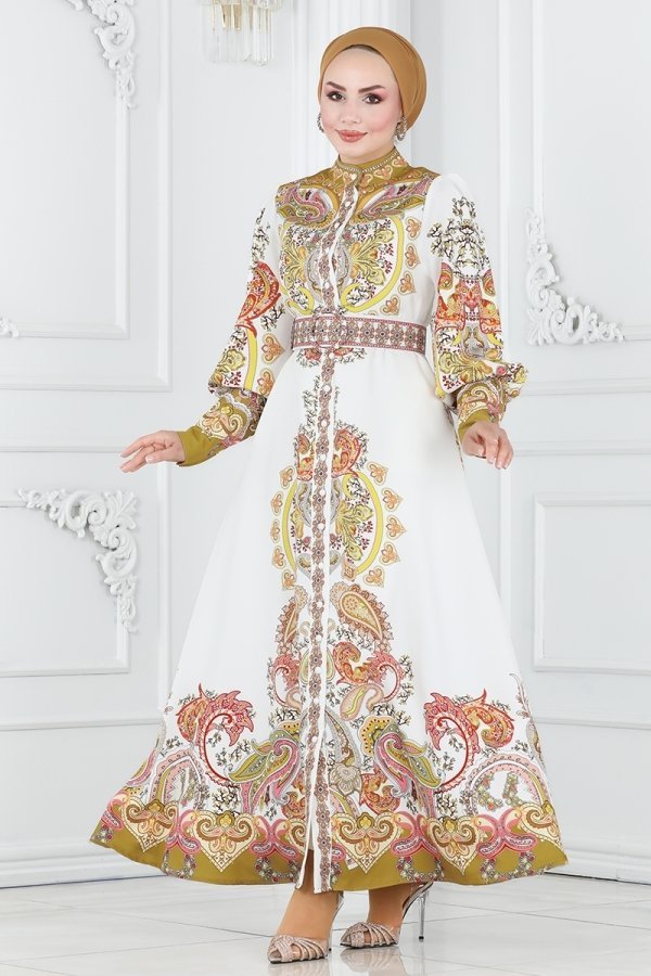 Moda Selvim Hardal & Ekru Kaplama Kemerli Desenli Elbise