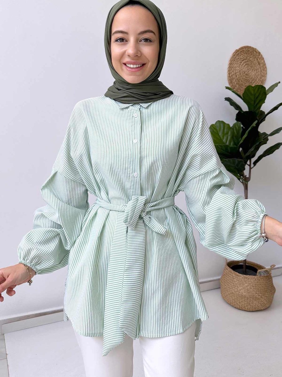 Ka Hijab Balon Kol Çizgili Gömlek Yeşil