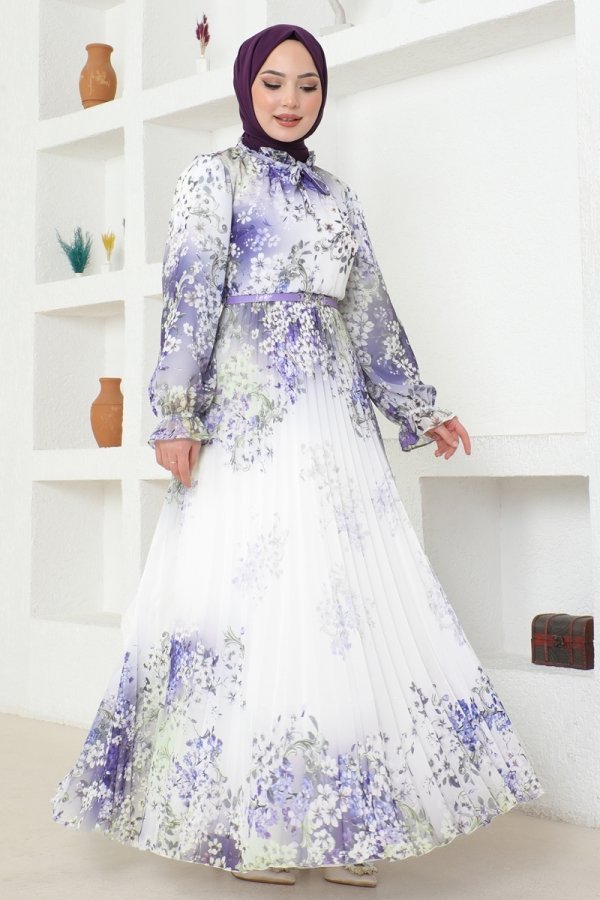 Moda Selvim Lila & Ekru Piliseli Şifon Elbise