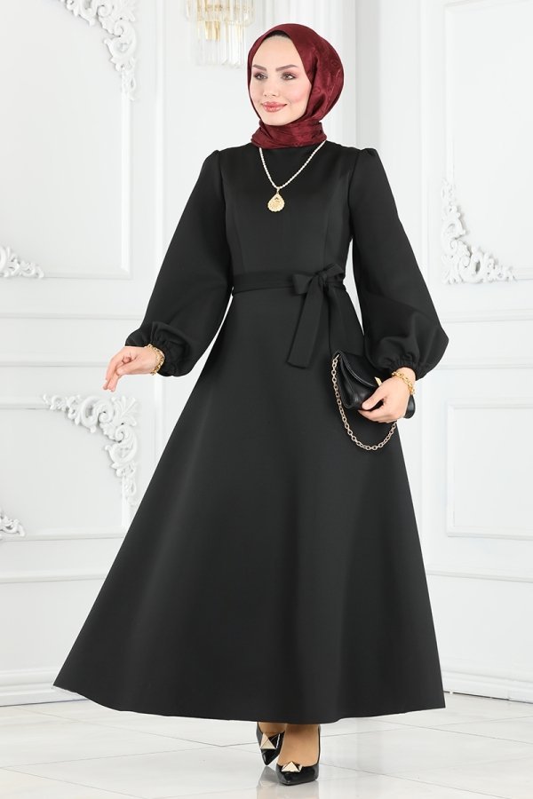 Moda Selvim Siyah Kemerli Scuba Elbise