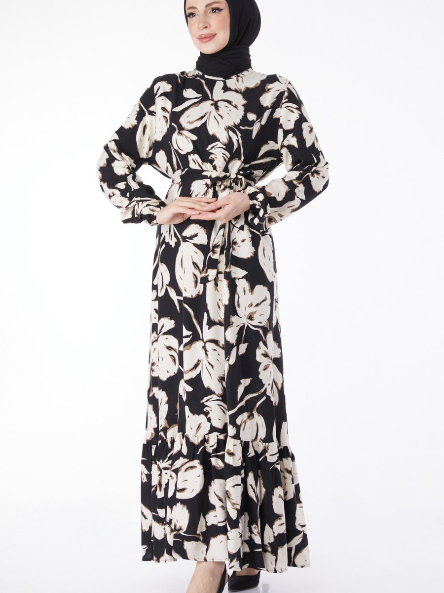 Tofisa Düz Hakim Yaka Vizon Kuşaklı Desenli Elbise